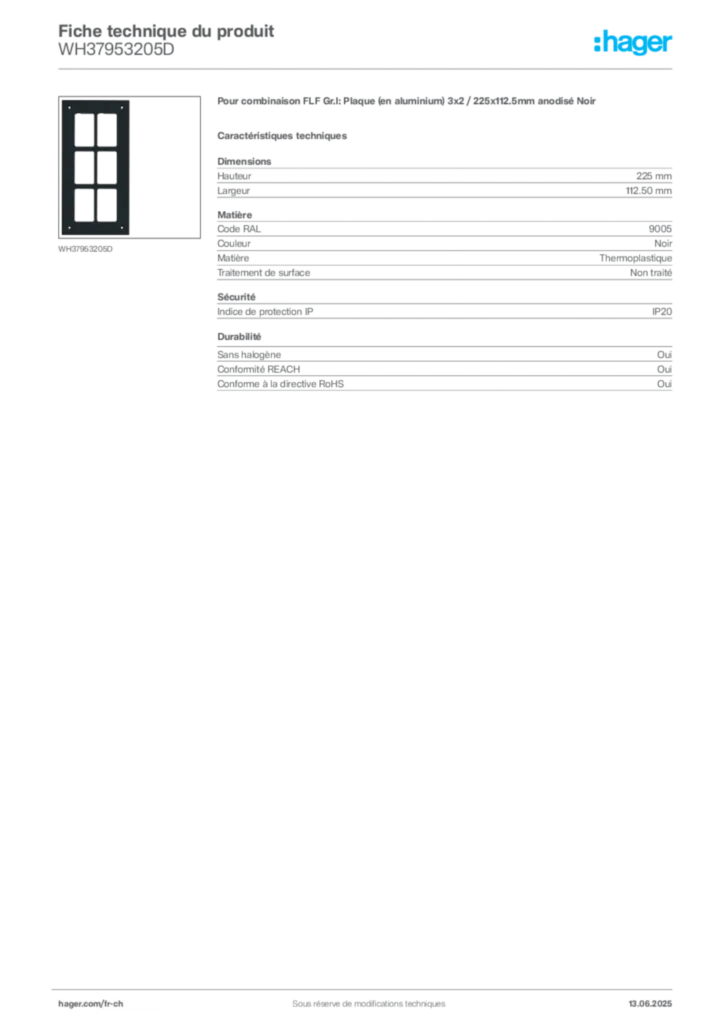Image Hager Fiche technique du produit WH37953205D | Hager Suisse