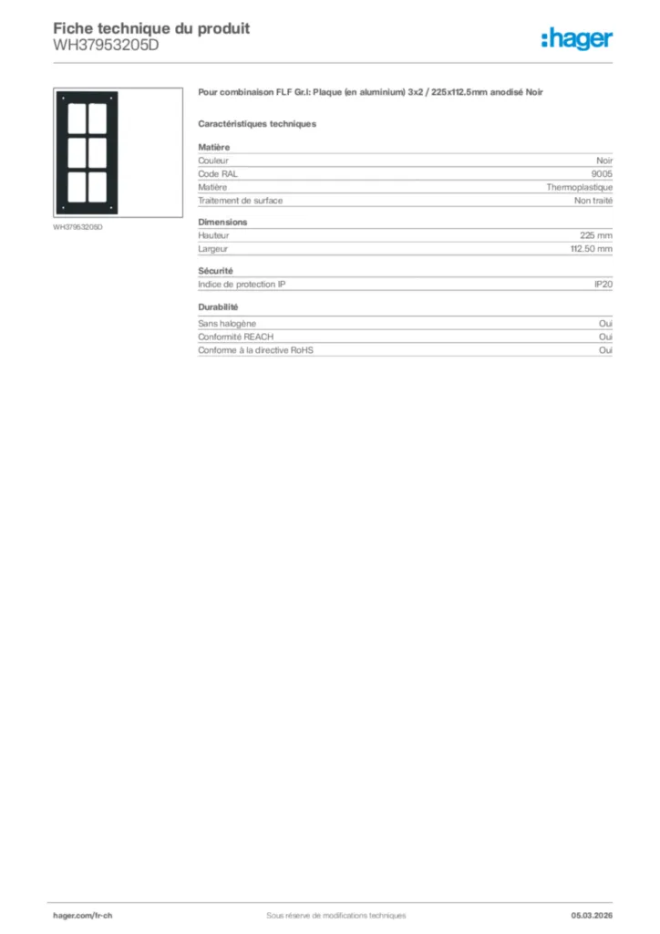 Image Hager Fiche technique du produit WH37953205D | Hager Suisse