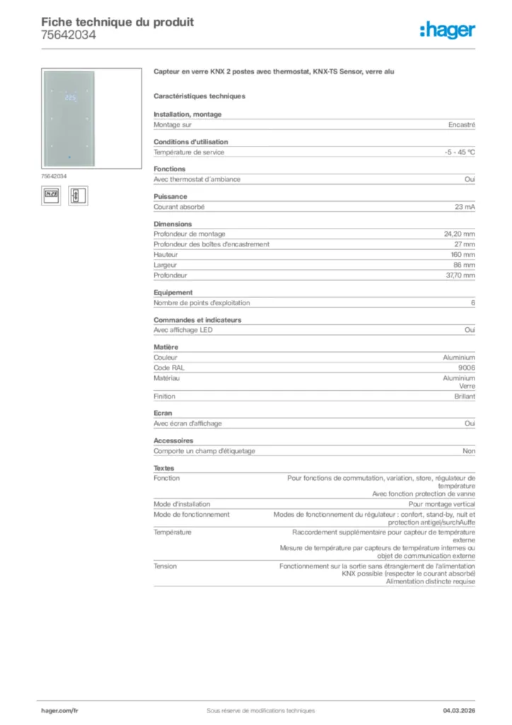 Image Hager Fiche technique du produit 75642034 | Hager France