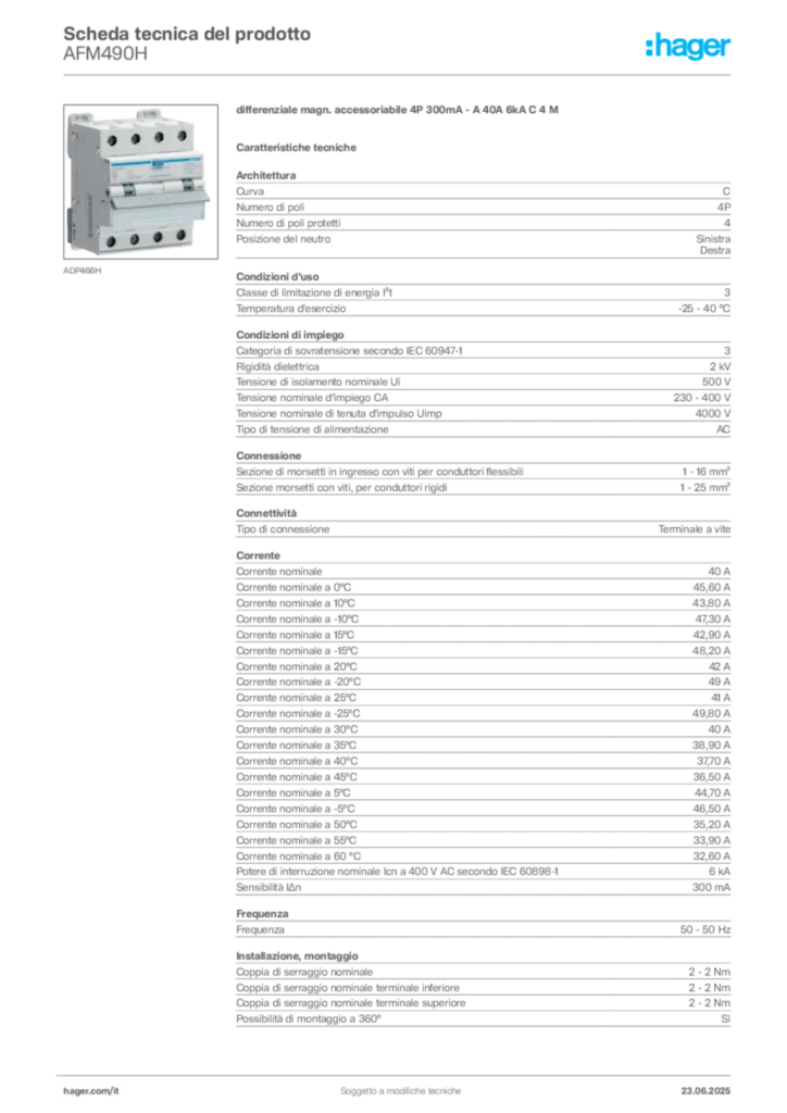 Immagine Hager Scheda tecnica del prodotto AFM490H | Hager Italia
