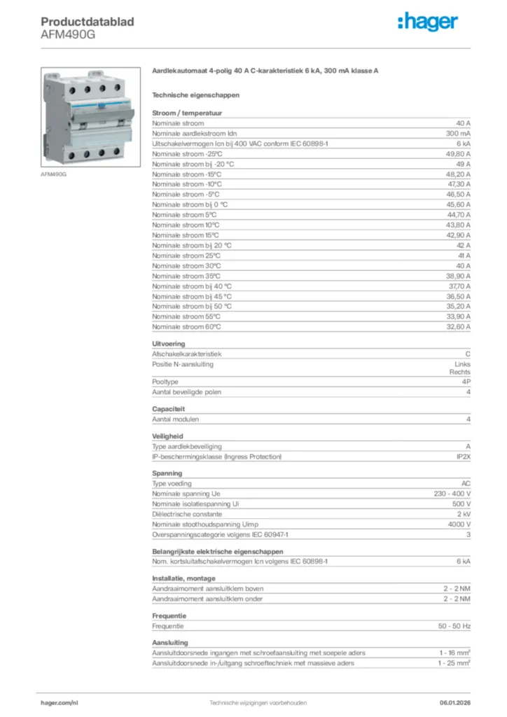 Afbeelding Hager Productdatablad AFM490G | Hager Nederland
