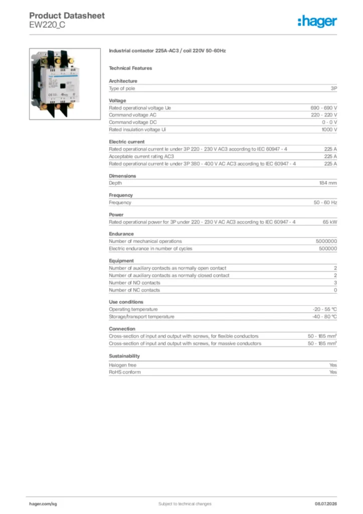Image Hager Product data sheet EW220_C  | Hager