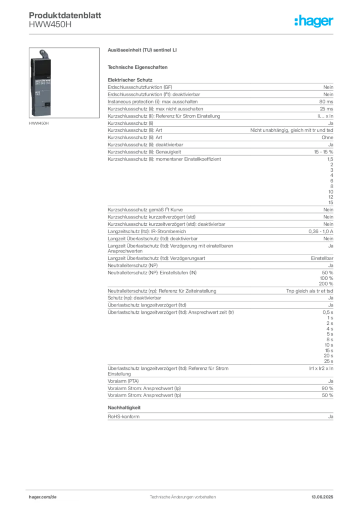 Bild Hager Produktdatenblatt HWW450H | Hager Deutschland