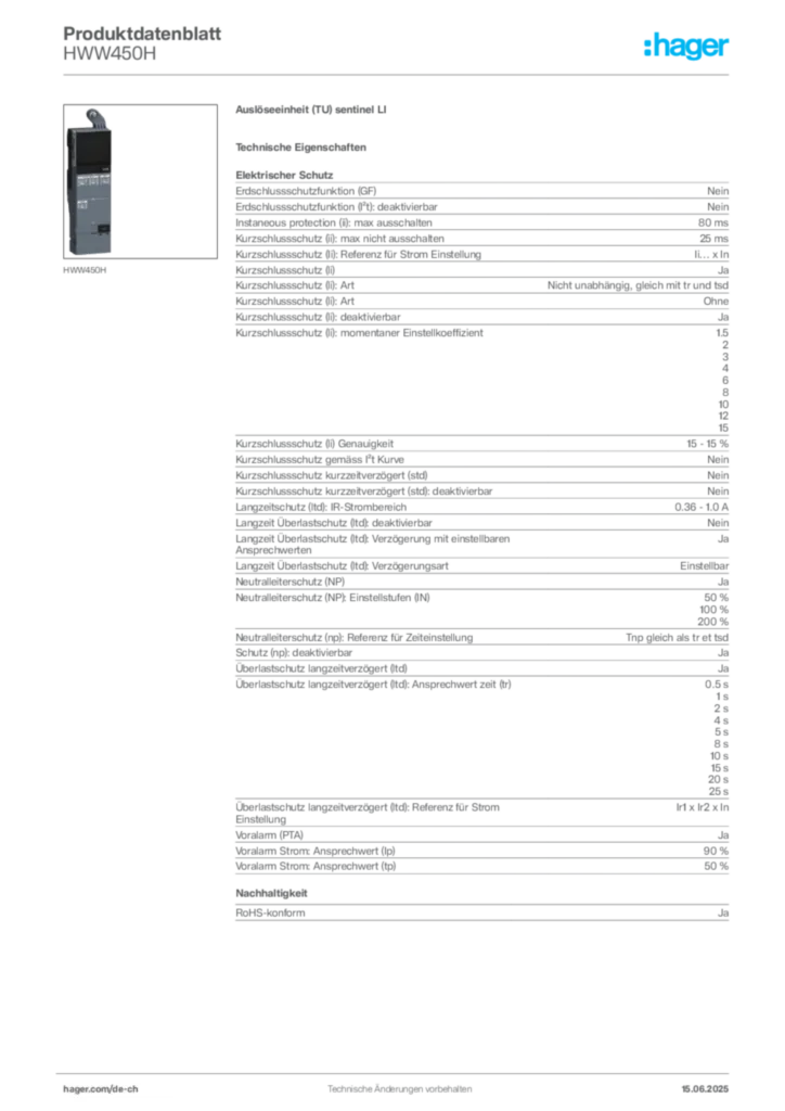 Bild Hager Produktdatenblatt HWW450H | Hager Schweiz