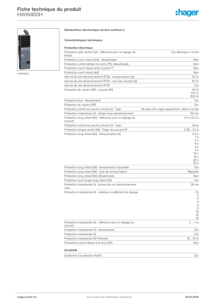 Image Hager Fiche technique du produit HWW450H | Hager Suisse