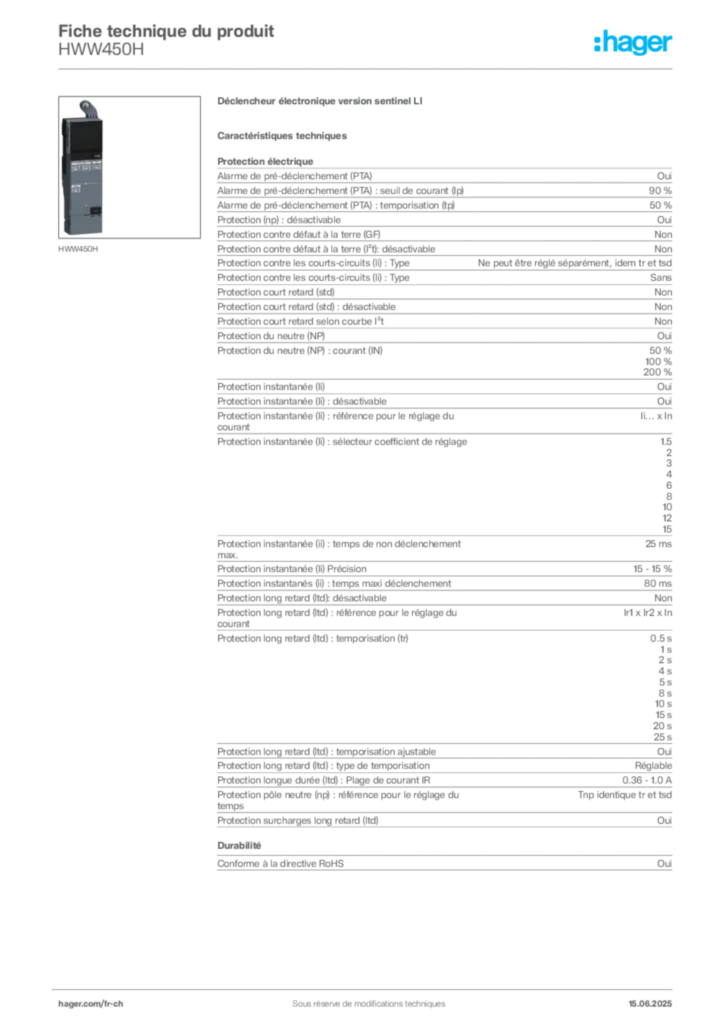 Image Hager Fiche technique du produit HWW450H | Hager Suisse