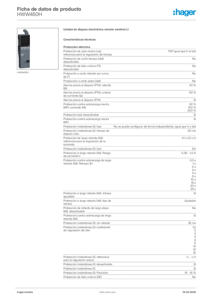 Imagen Hager Ficha de datos de producto HWW450H | Hager España