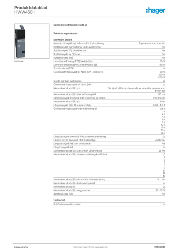 Bild Hager Produktdatablad HWW450H | Hager Sverige