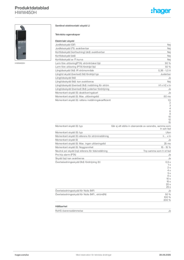 Bild Hager Produktdatablad HWW450H | Hager Sverige
