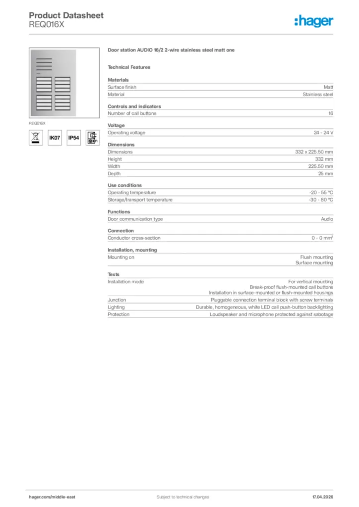 Image Hager Product data sheet REQ016X  | Hager
