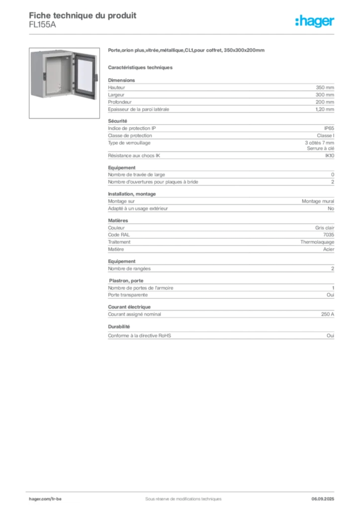 Image Hager Fiche technique du produit FL155A | Hager Belgique