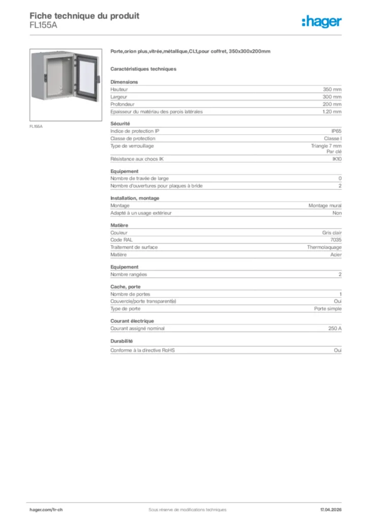 Image Hager Fiche technique du produit FL155A | Hager Suisse