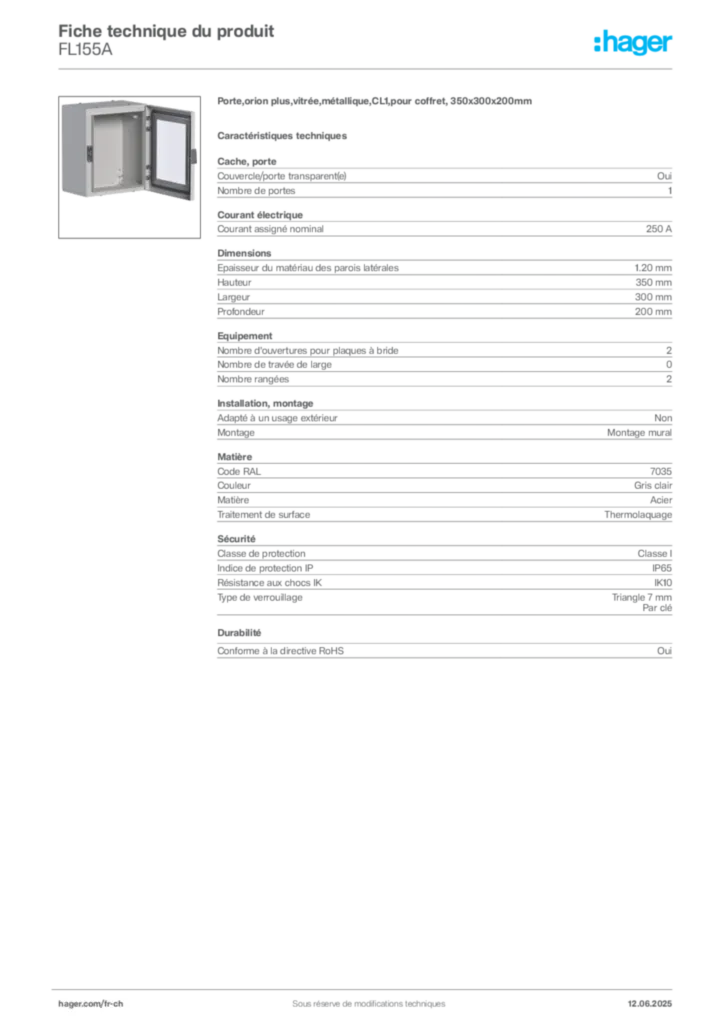 Image Hager Fiche technique du produit FL155A | Hager Suisse