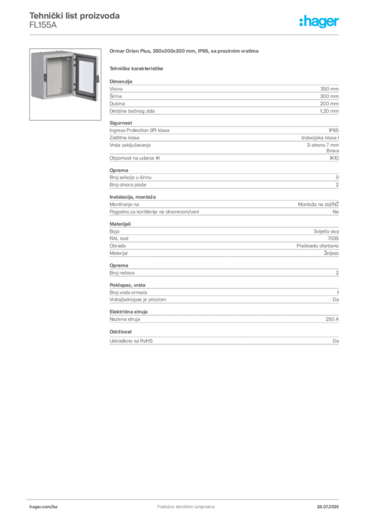 Slika Hager Product data sheet FL155A  | Hager