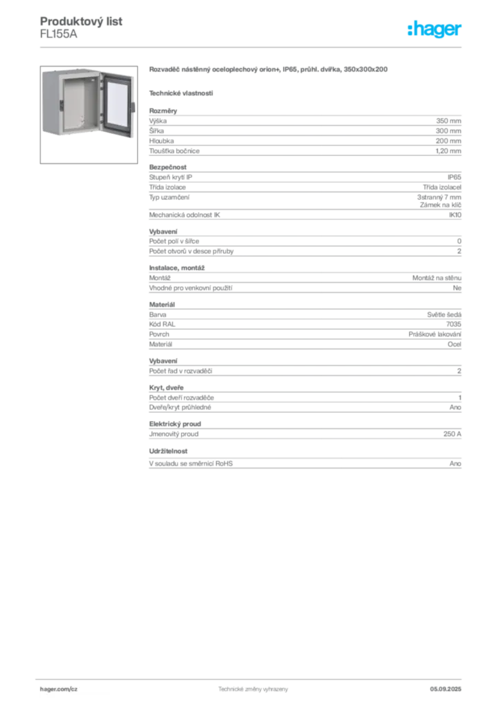 Obrázek Hager Produktový list FL155A | Hager