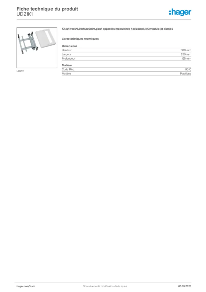 Image Hager Fiche technique du produit UD21K1 | Hager Suisse