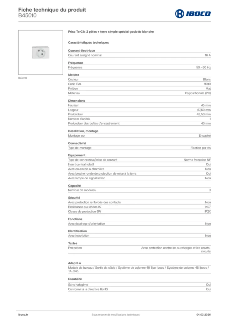 Image Iboco Fiche technique du produit B45010 | Hager France