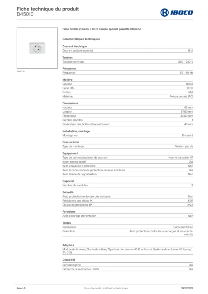 Image Iboco Fiche technique du produit B45010 | Hager France