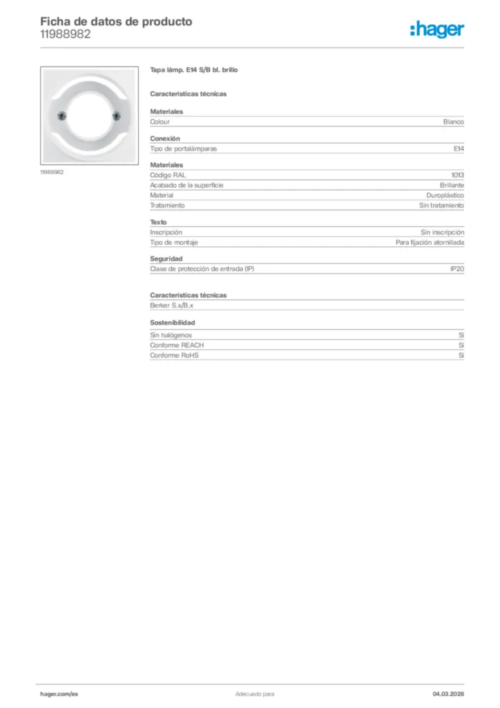 Imagen Hager Ficha de datos de producto 11988982 | Hager España
