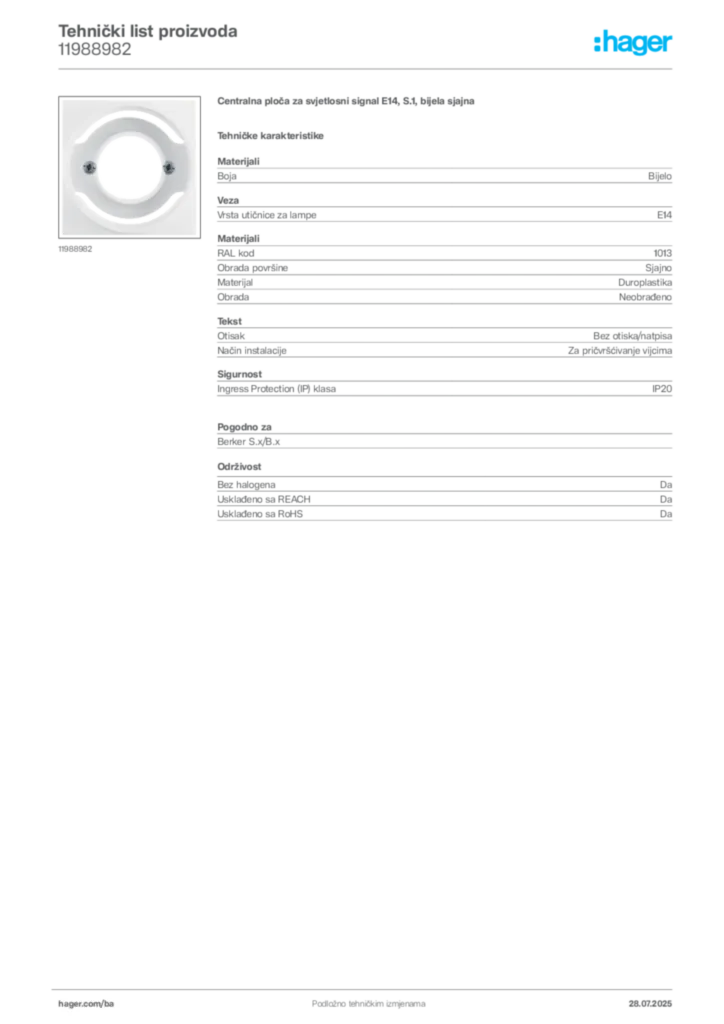 Slika Hager Product data sheet 11988982  | Hager