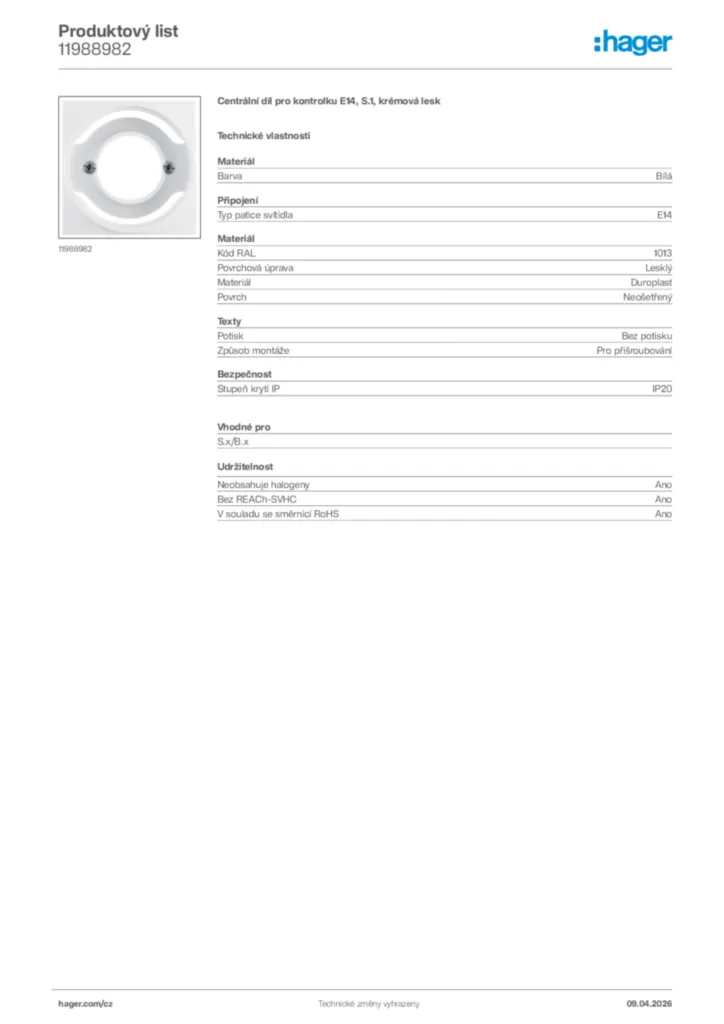 Obrázek Hager Product data sheet 11988982 | Hager