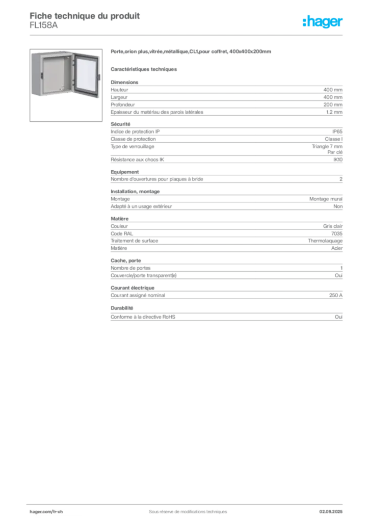 Image Hager Fiche technique du produit FL158A | Hager Suisse