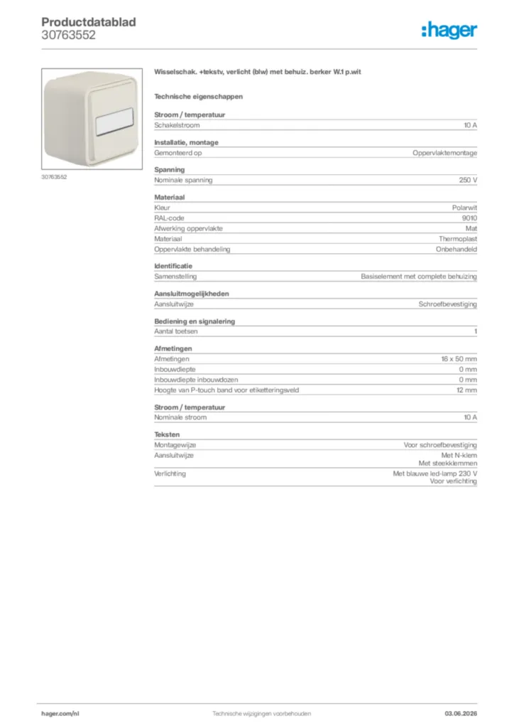 Afbeelding Hager Productdatablad 30763552 | Hager Nederland