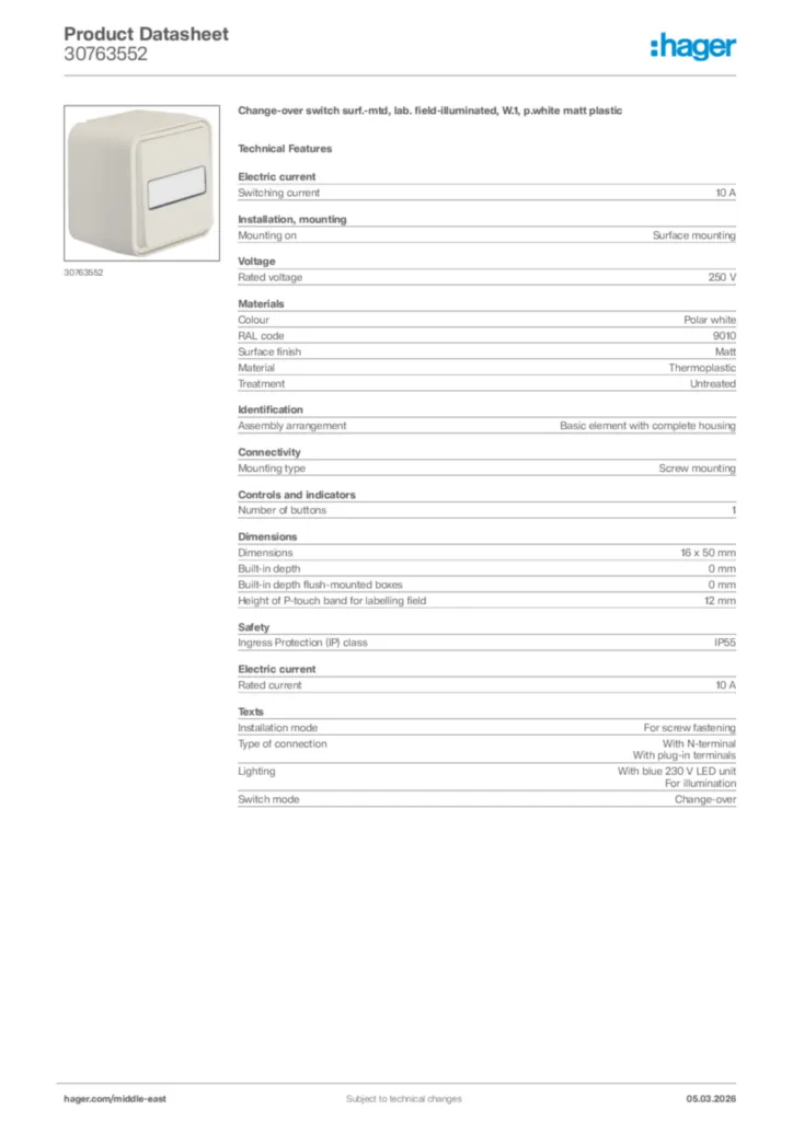 Image Hager Product data sheet 30763552  | Hager