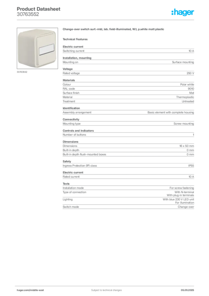 Image Hager Product data sheet 30763552  | Hager