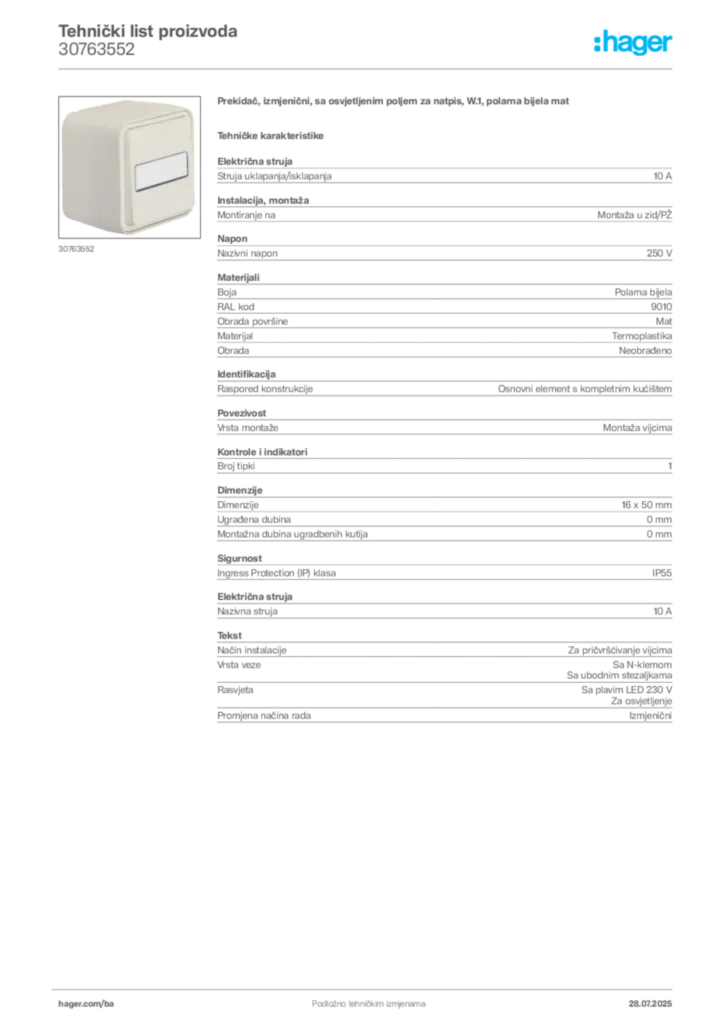 Slika Hager Product data sheet 30763552  | Hager