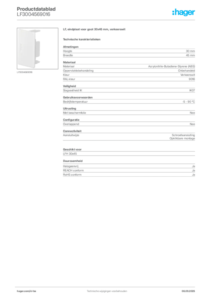 Afbeelding Hager Productdatablad LF3004569016 | Hager Belgium