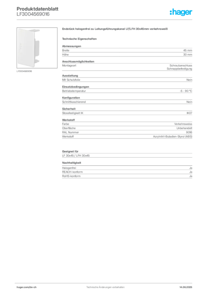 Bild Hager Produktdatenblatt LF3004569016 | Hager Schweiz