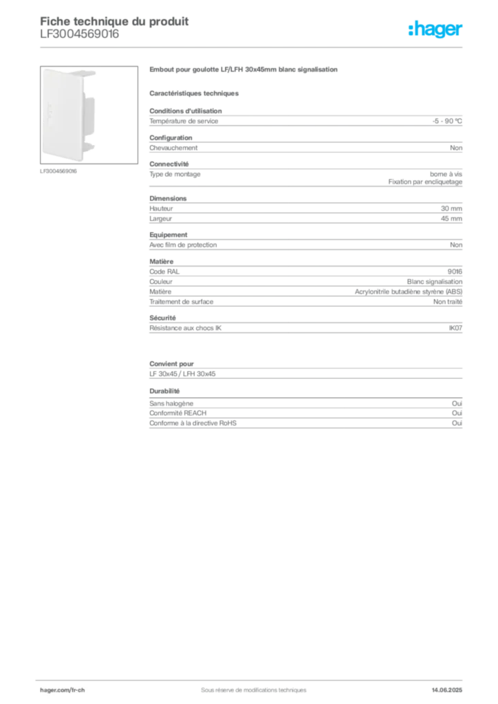 Image Hager Fiche technique du produit LF3004569016 | Hager Suisse