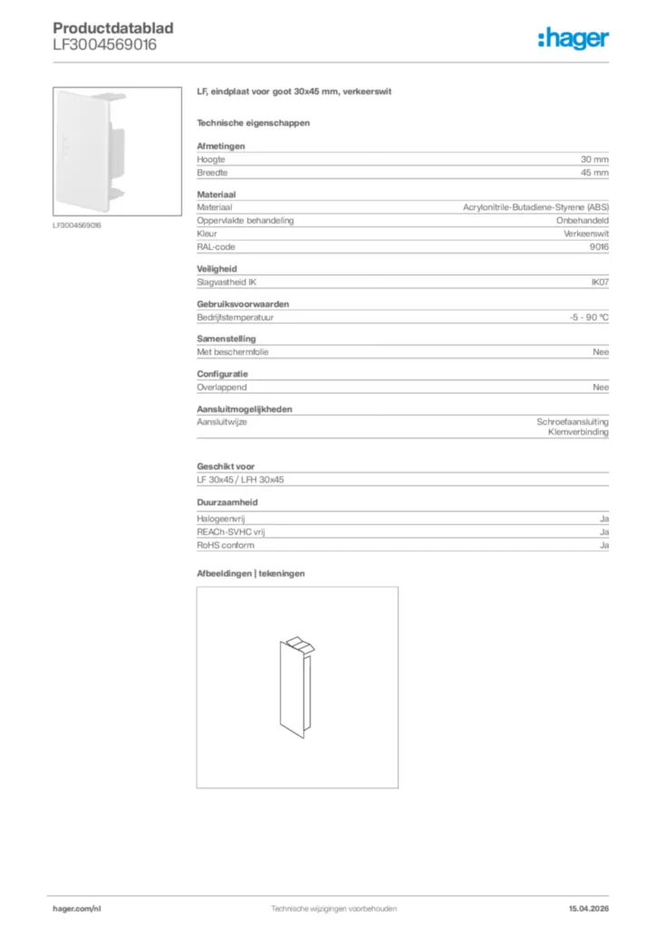 Afbeelding Hager Productdatablad LF3004569016 | Hager Nederland