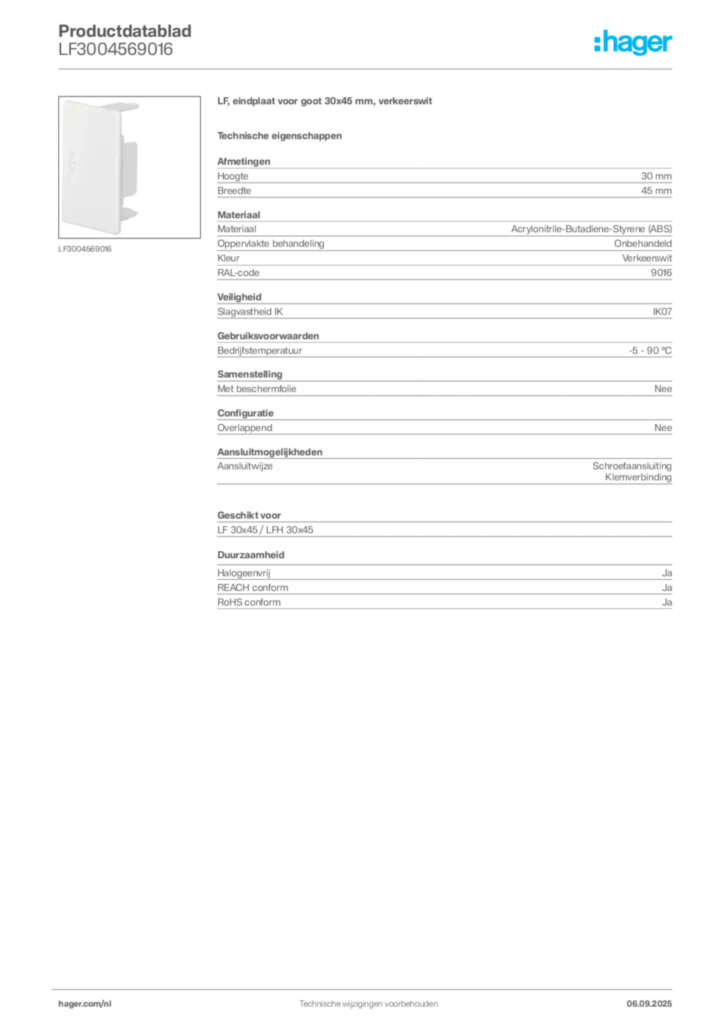 Afbeelding Hager Productdatablad LF3004569016 | Hager Nederland