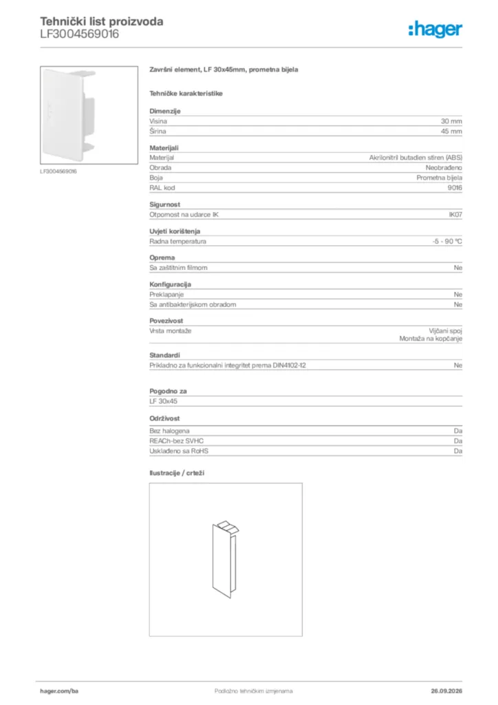 Slika Hager Tehnički list proizvoda LF3004569016  | Hager