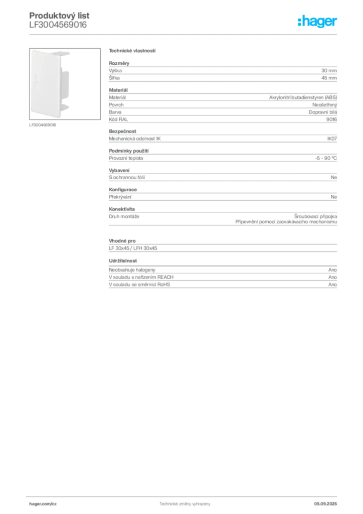 Obrázek Hager Produktový list LF3004569016 | Hager