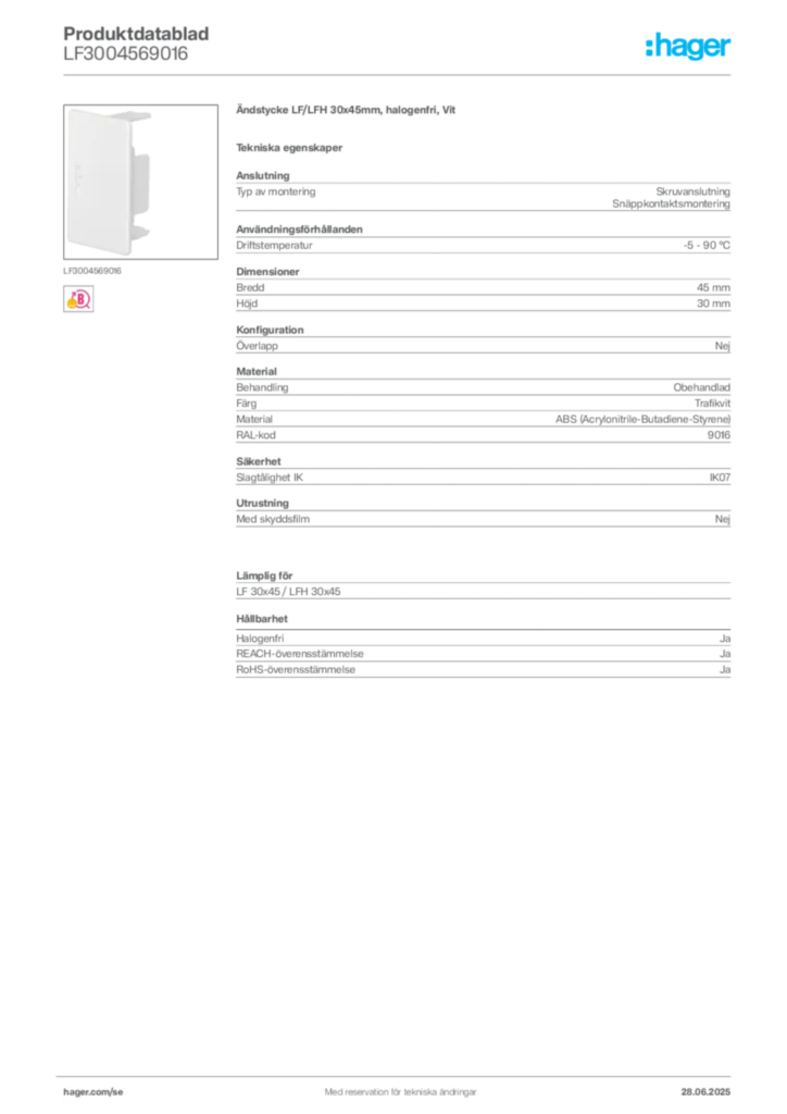 Bild Hager Produktdatablad LF3004569016 | Hager Sverige