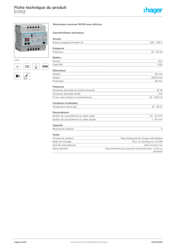 Image Hager Fiche technique du produit EV102 | Hager France