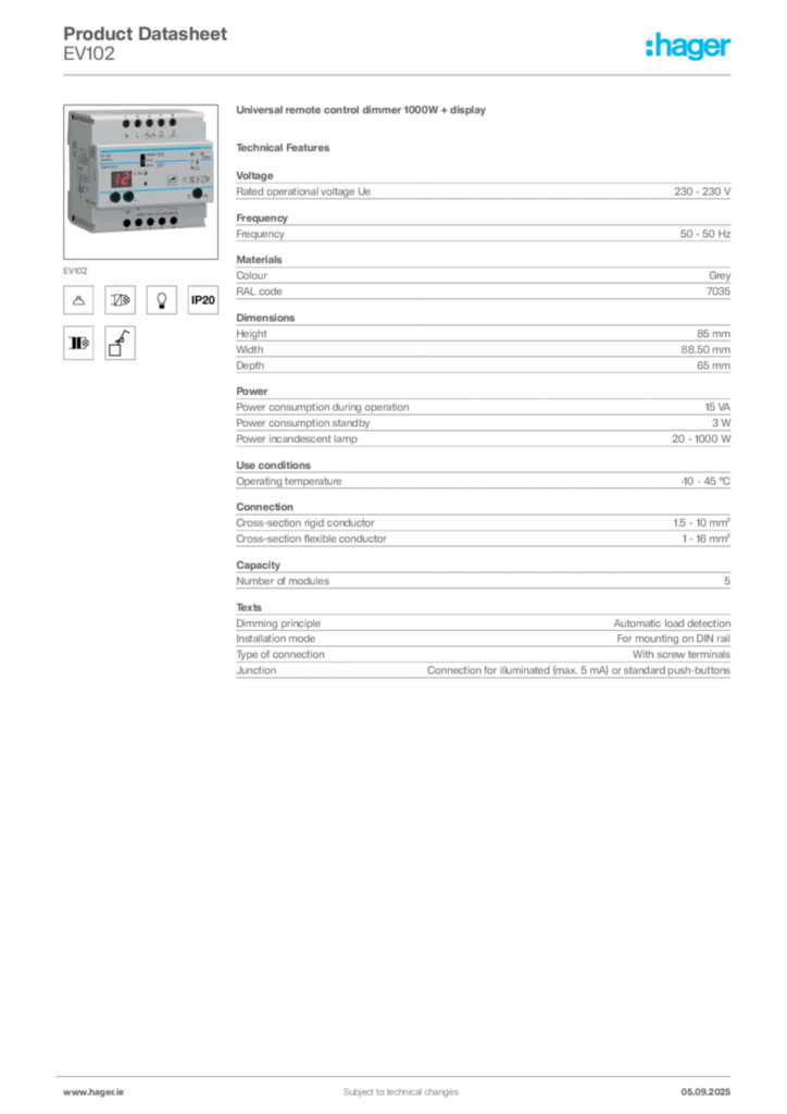 Image Hager Product data sheet EV102  | Hager