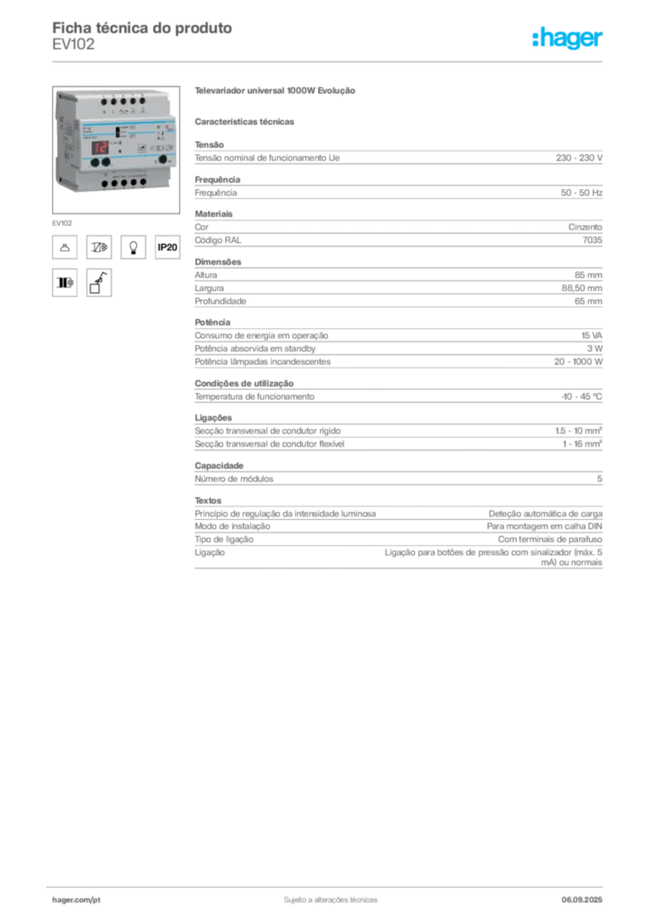 Imagem Hager Ficha técnica do produto EV102 | Hager Portugal