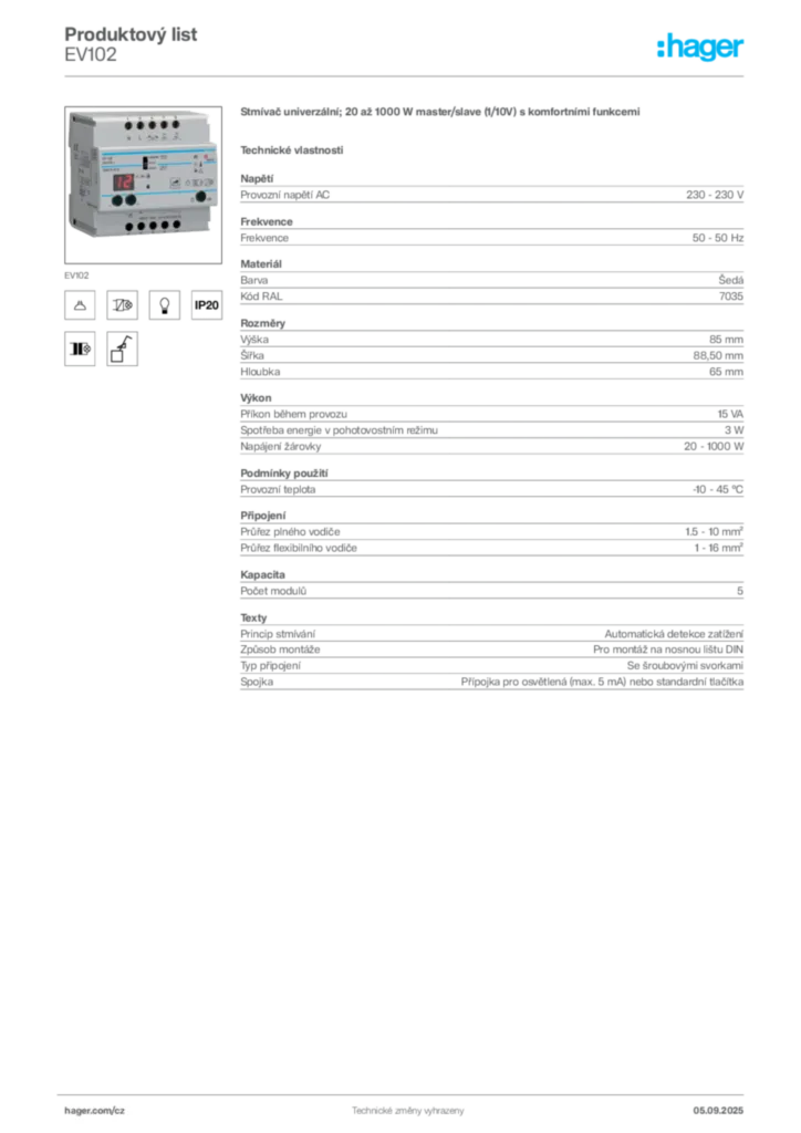 Obrázek Hager Produktový list EV102 | Hager