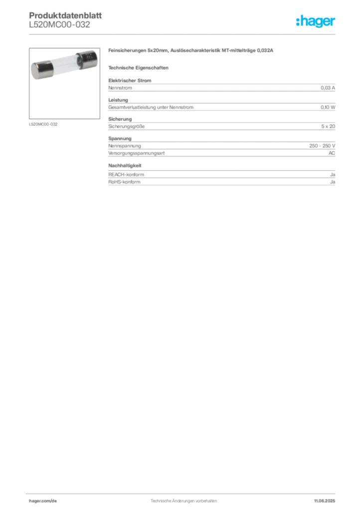 Bild Hager Produktdatenblatt L520MC00-032 | Hager Deutschland