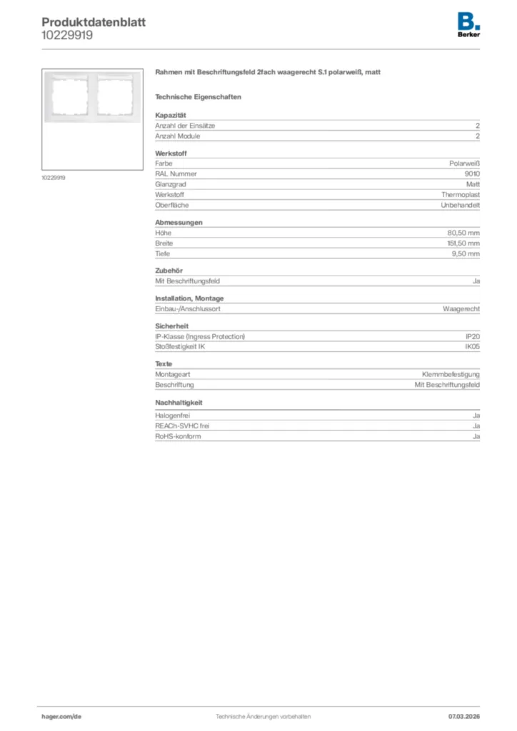 Bild Berker Produktdatenblatt 10229919 | Hager Deutschland