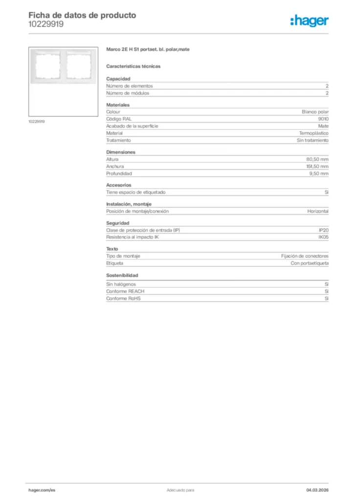 Imagen Hager Ficha de datos de producto 10229919 | Hager España
