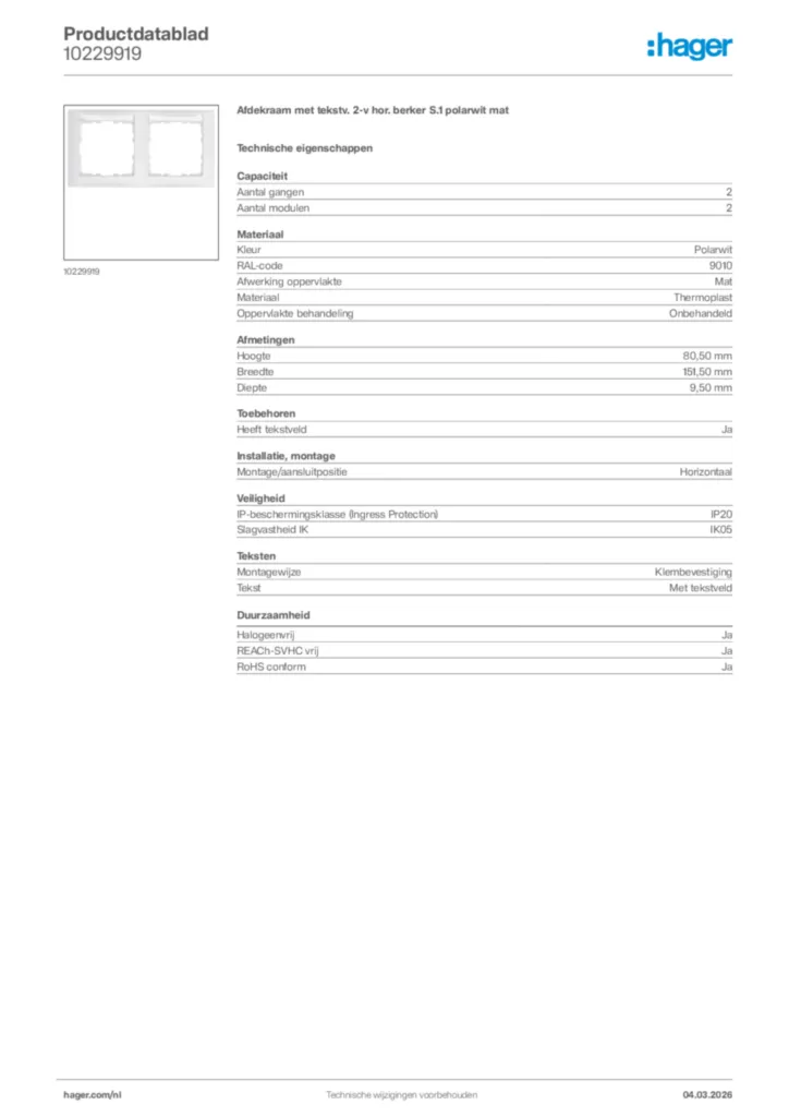 Afbeelding Hager Productdatablad 10229919 | Hager Nederland