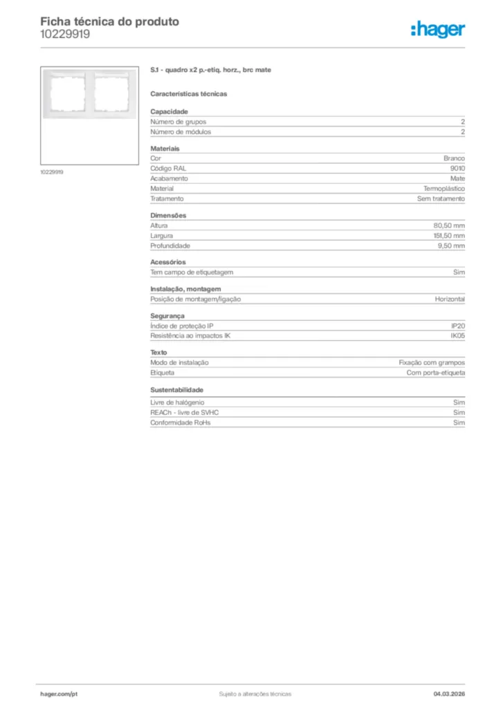 Imagem Hager Ficha técnica do produto 10229919 | Hager Portugal