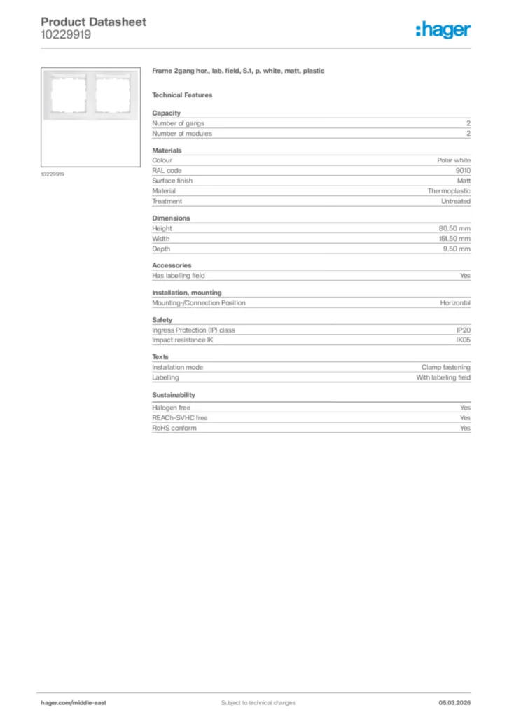 Image Hager Product data sheet 10229919  | Hager
