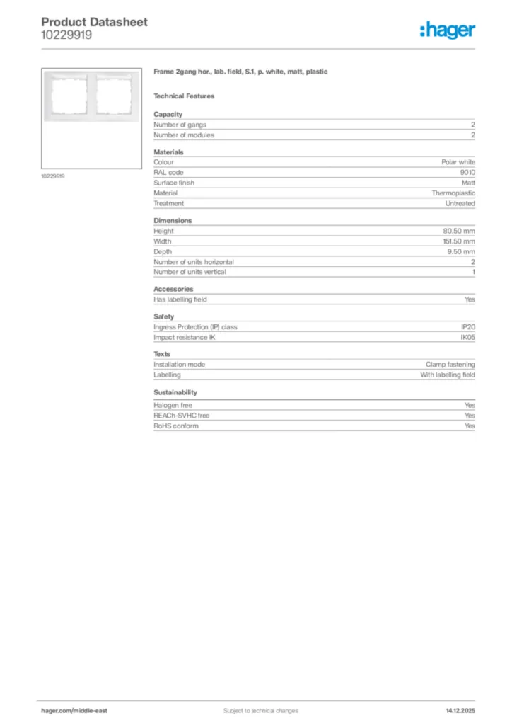 Image Hager Product data sheet 10229919  | Hager