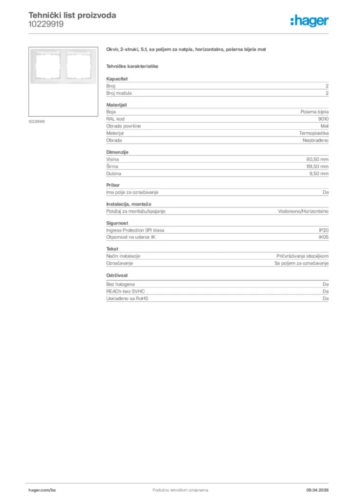 Slika Hager Tehnički list proizvoda 10229919  | Hager